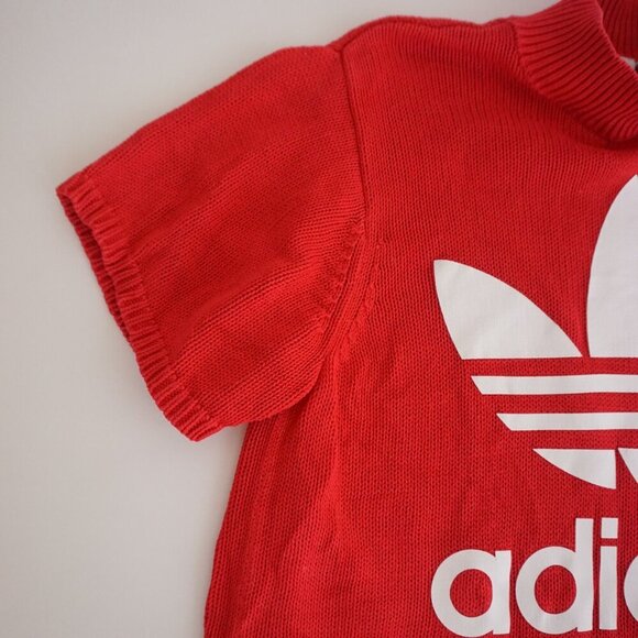 Adidas Red 100% Cotton Knit Big Trefoil Logo Mockneck Short Sleeve Sweater S - Picture 6 of 15